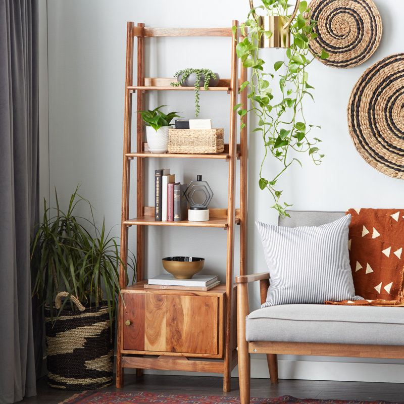 Loon Peak® Tall Natural Brown Wooden Leaning Ladder Shelf W/ 4 Wooden